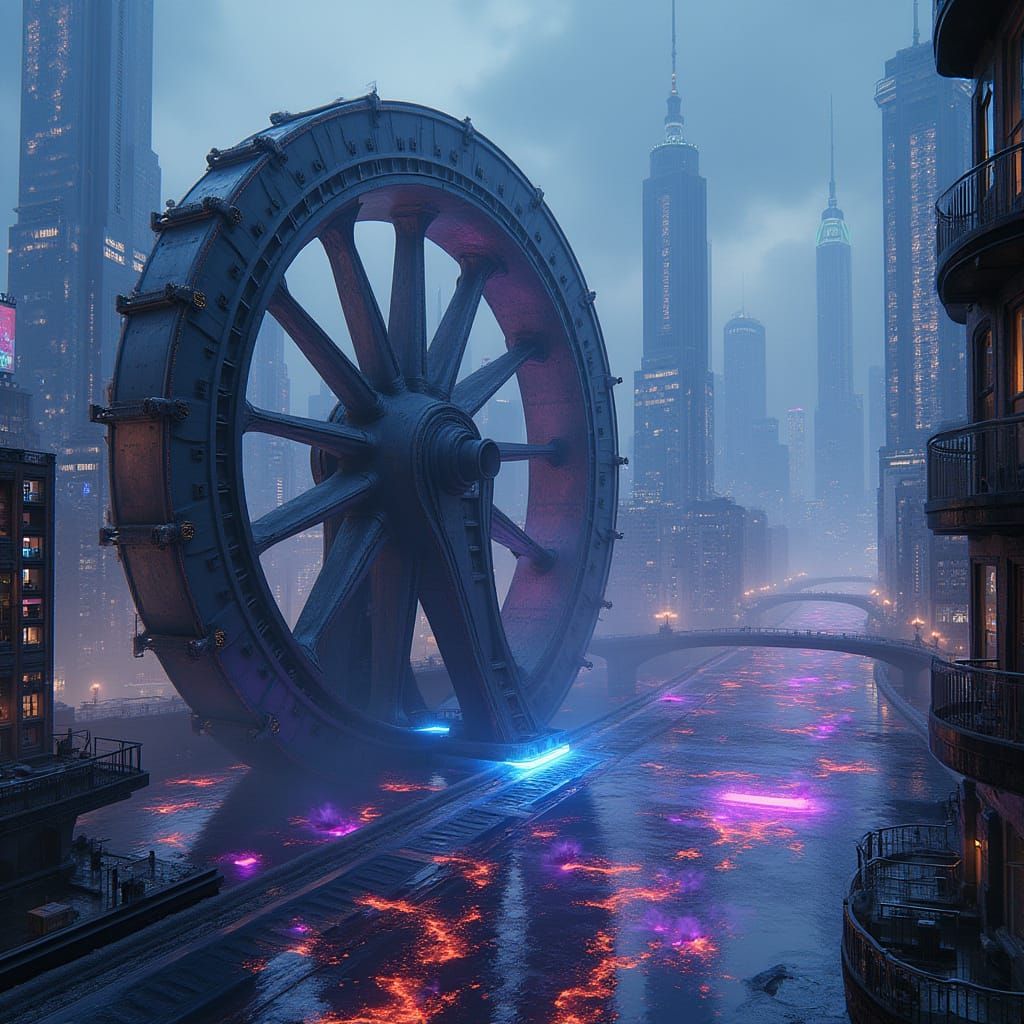 Cyberpunk Metropolis Waterwheel Harnesses Energy with Futuri...