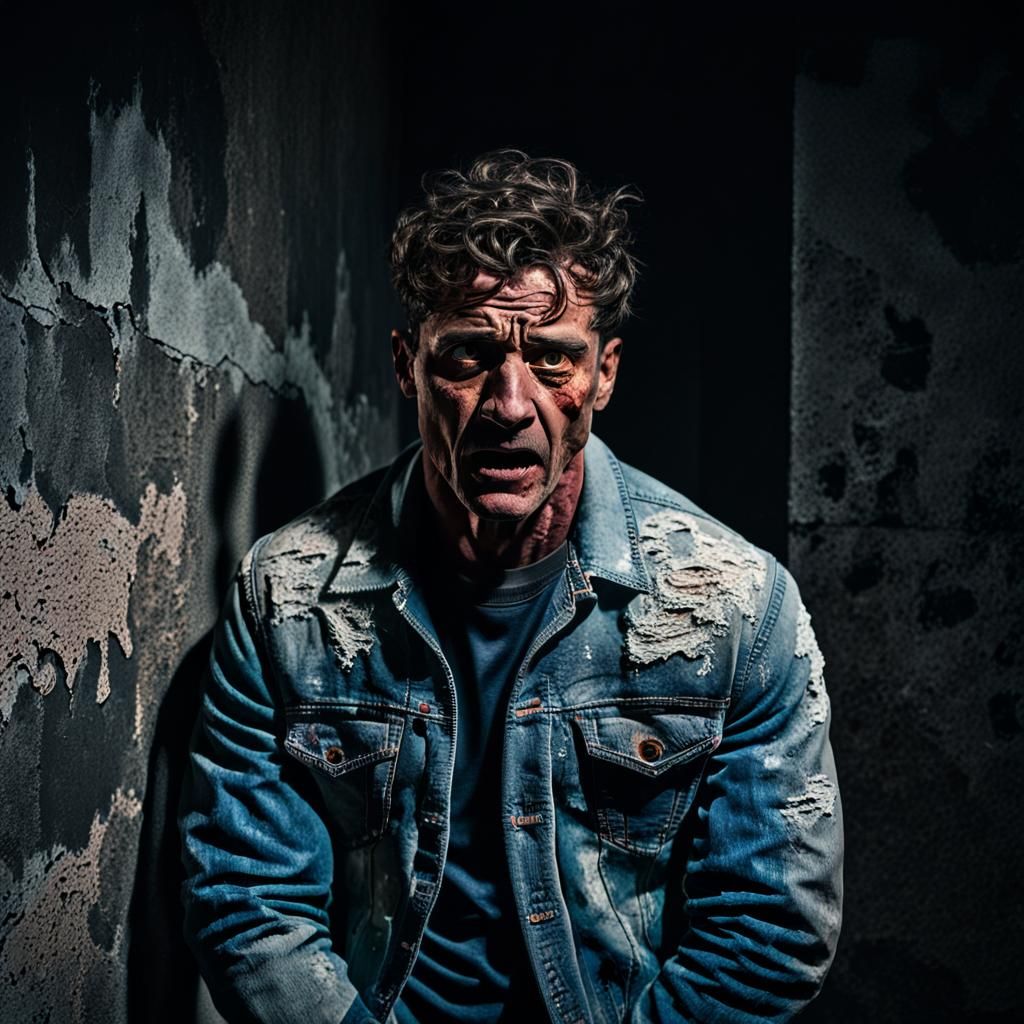 Terrified Muscular Man in Dark Basement: Hyperdetailed Portr...