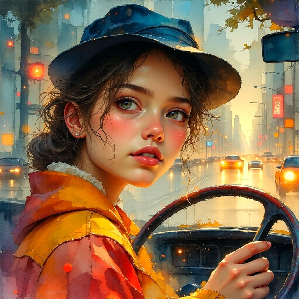 A Bittersweet Night in a Vibrant City, in Watercolor Style