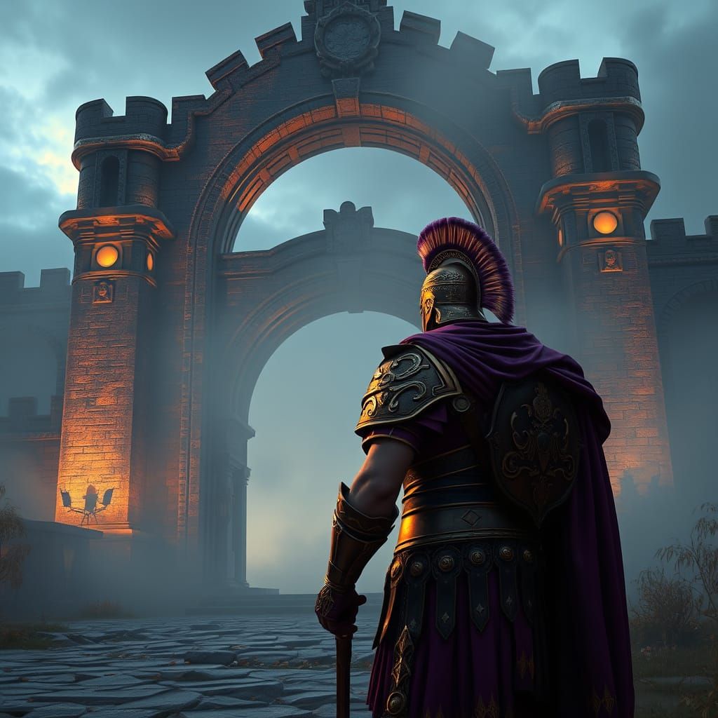 Roman Legionnaire Guards Fortress Gate at Dawn