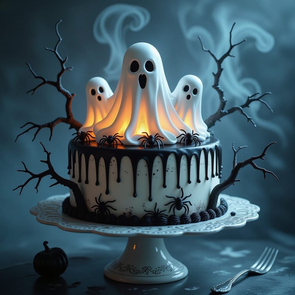 Haunted Cake with Eerie Luminescence and Gothic Details