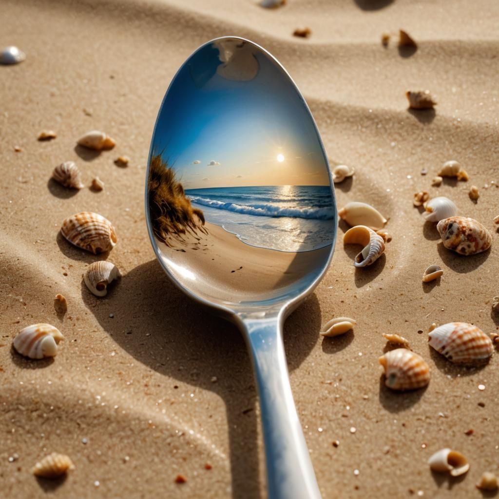 Silver Spoon Reflecting Tranquil Beach Scene