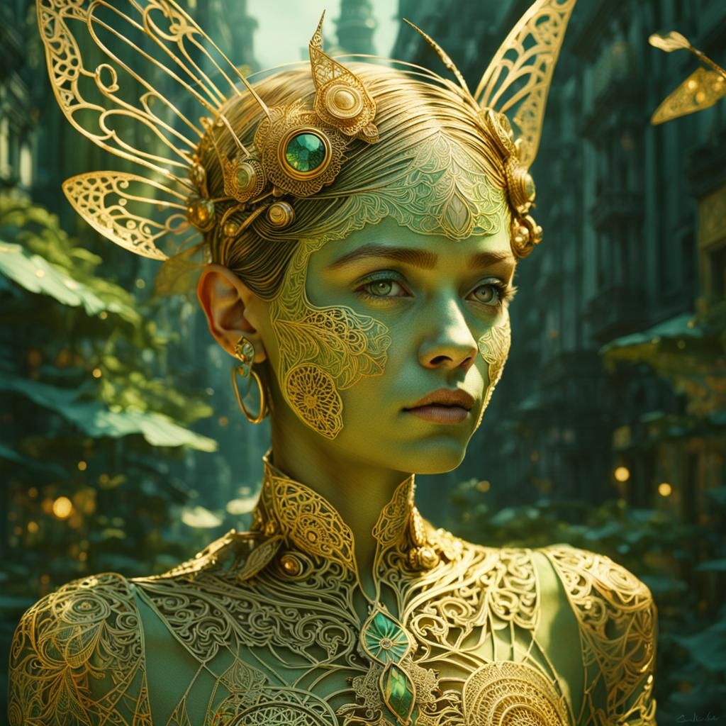 Golden Pixie in Green Grove: Solarpunk Portrait