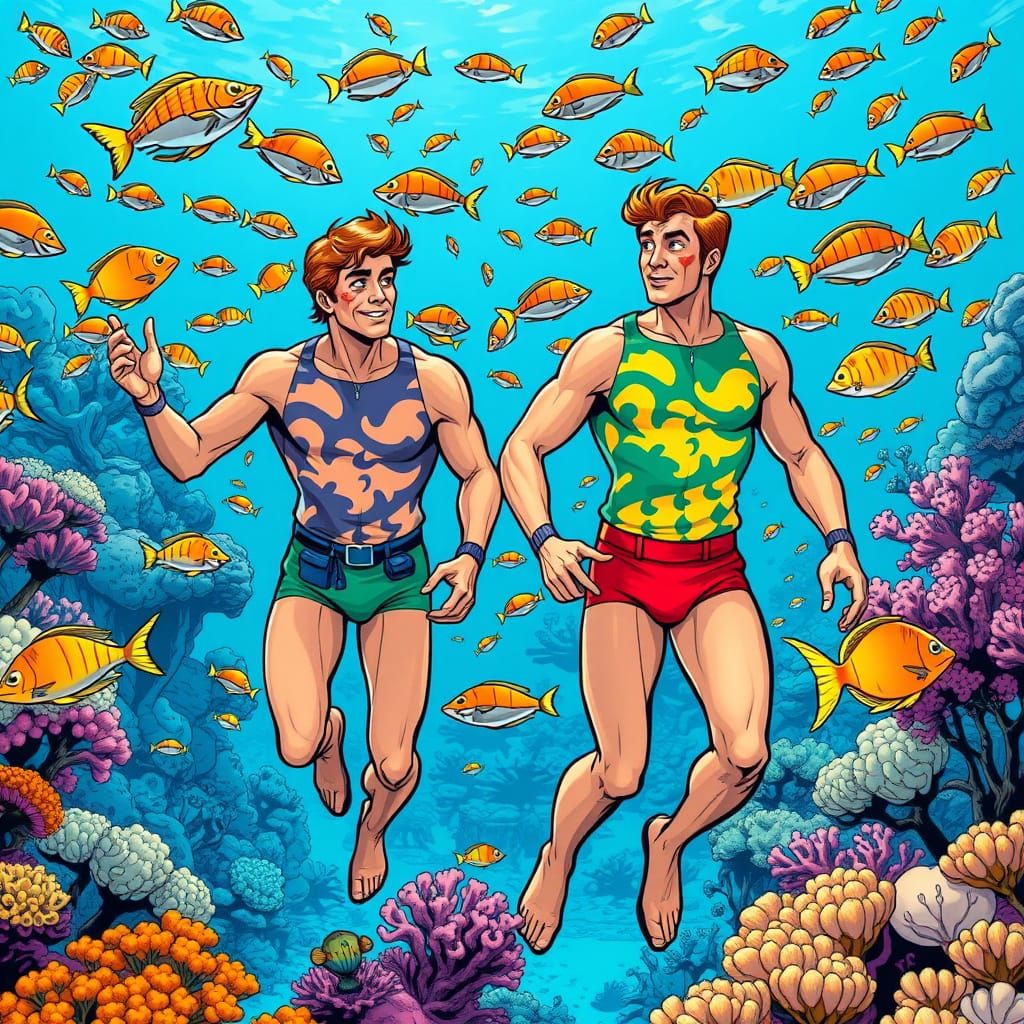 Johnny Quest and Hadji wear colorful speedos swimsuits exploring a vibrant coral reef, surrounded by schools of exotic f...