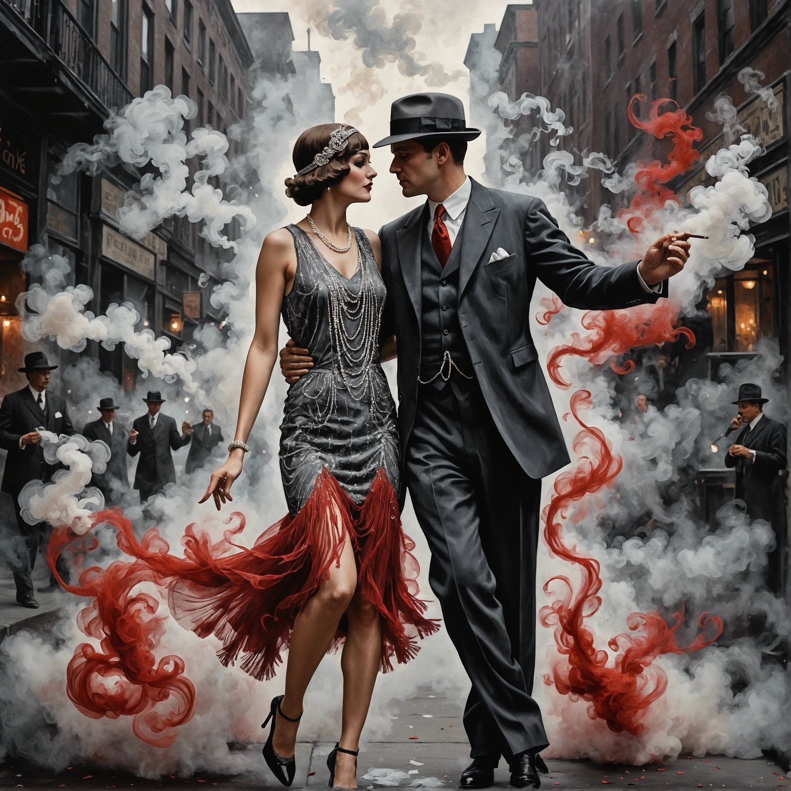 1920s flapper mobster couple in the smoky city