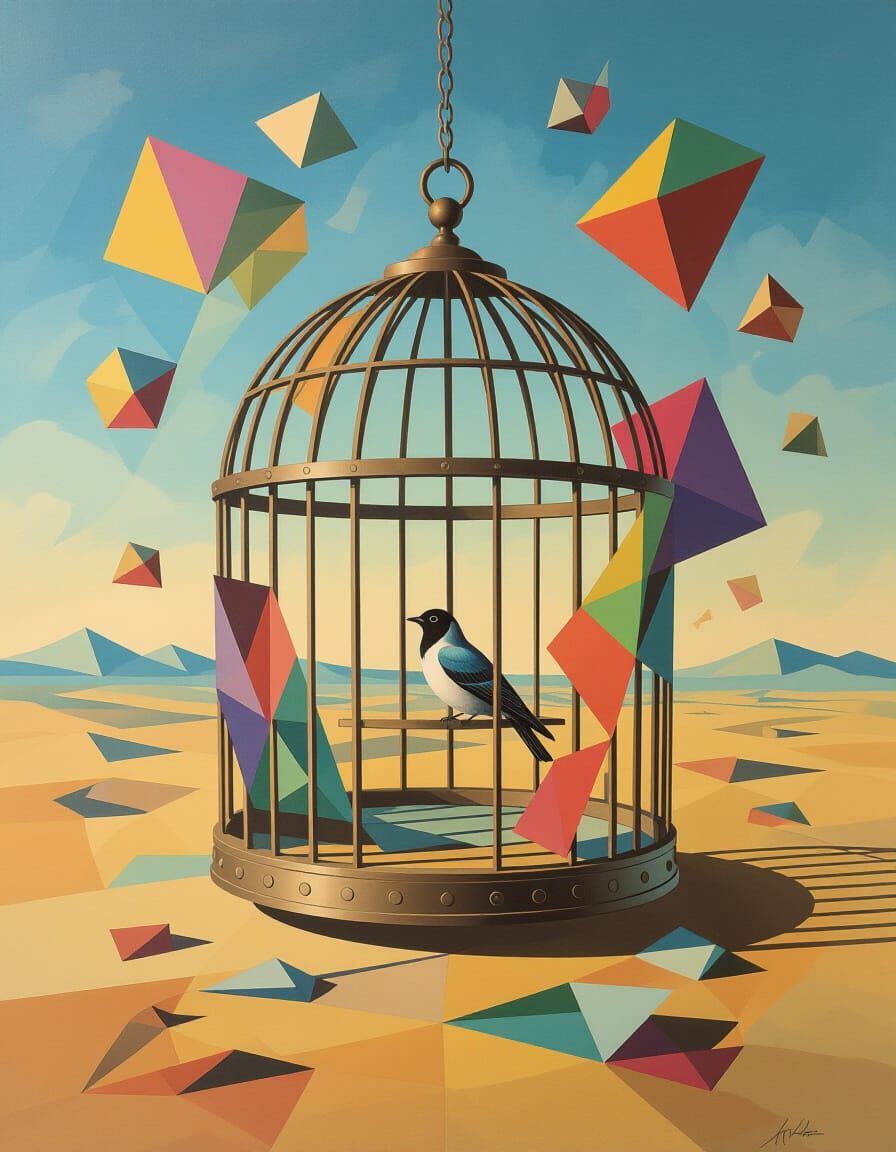 Surreal Abstract Birdcage in Dreamlike Landscape