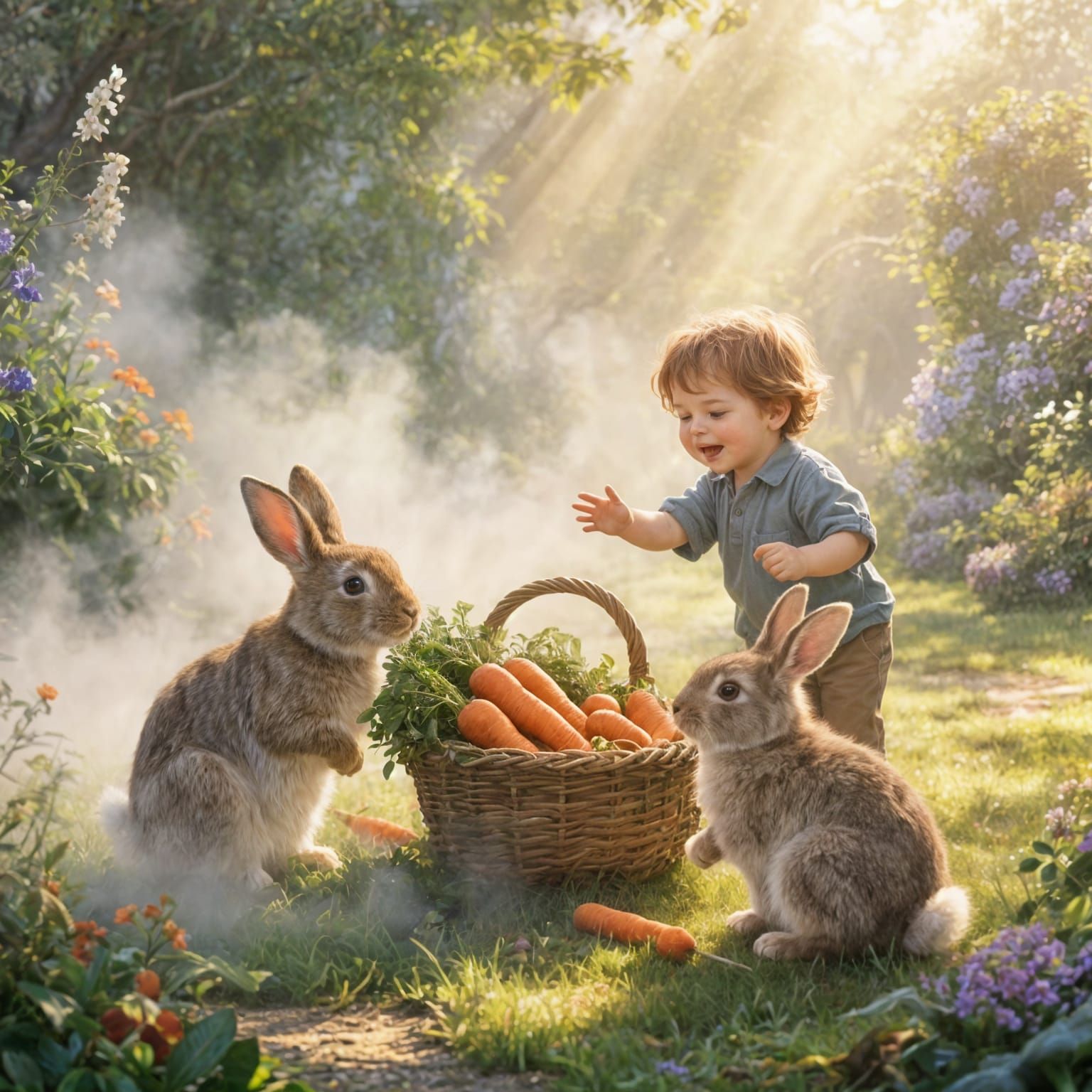 Child and Rabbits Enjoying a Garden Picnic