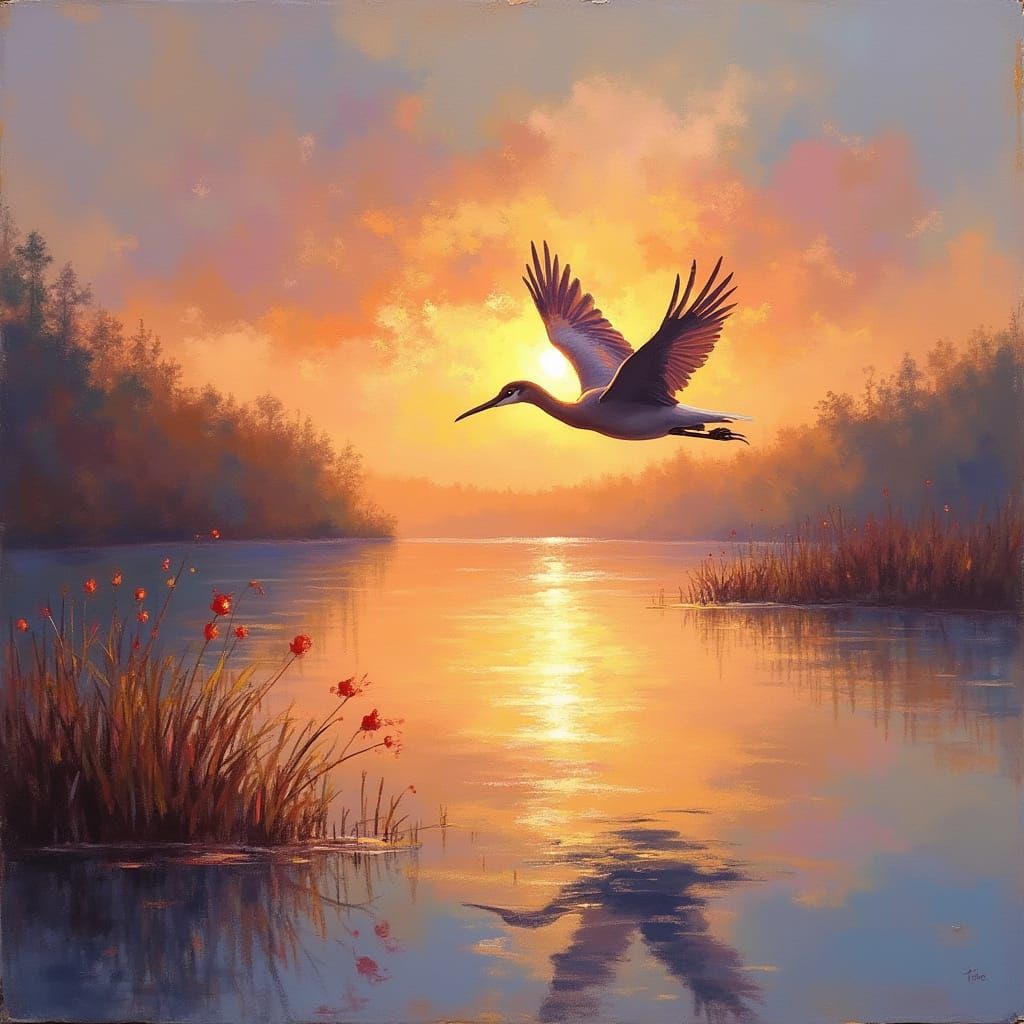 Bird in Flight at Sunset: Impressionistic Style