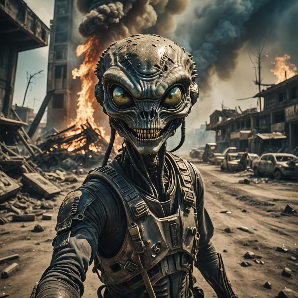 Alien Selfie in Post-Apocalyptic World: Cinematic Still