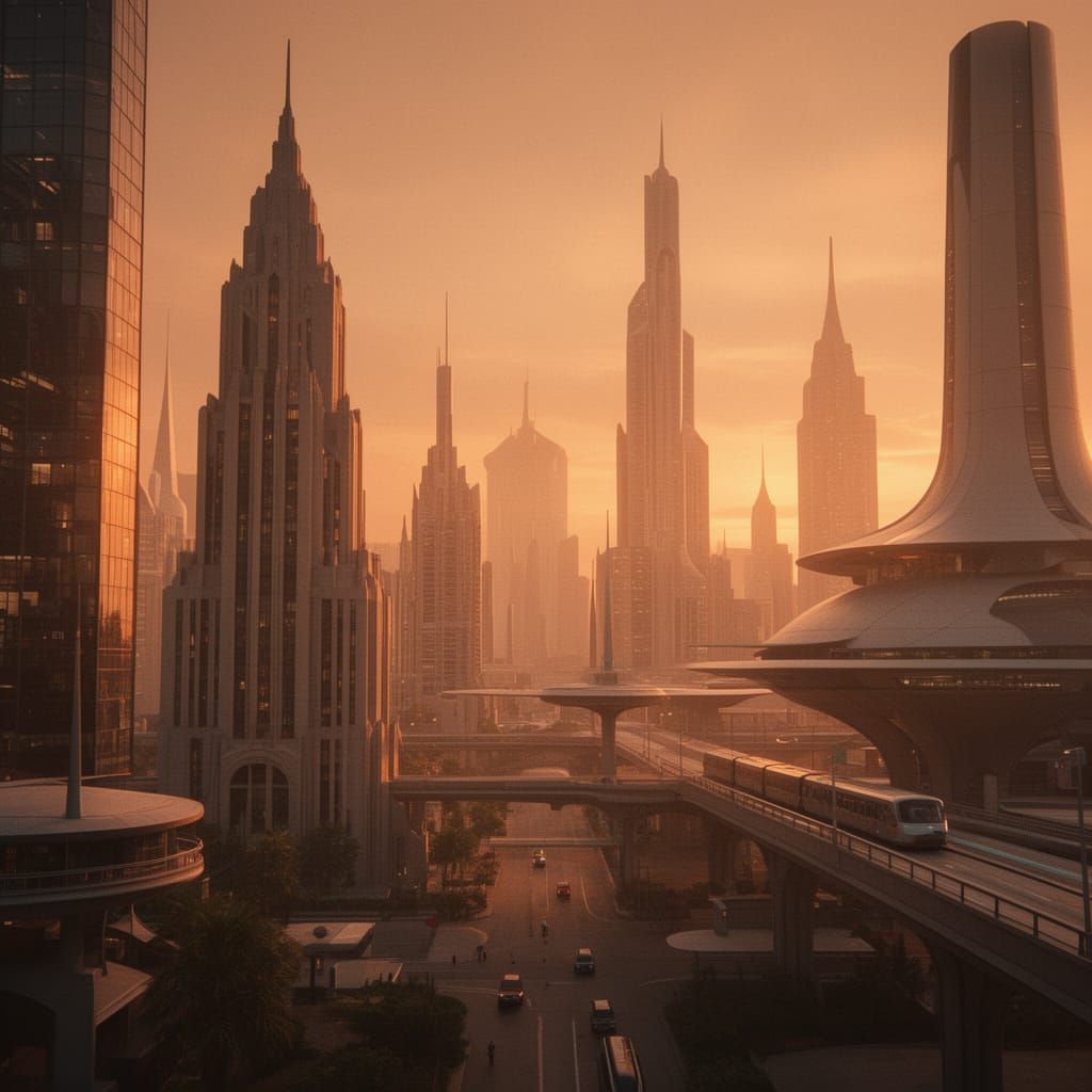 Retro-Futuristic Cityscape at Amber Sunset