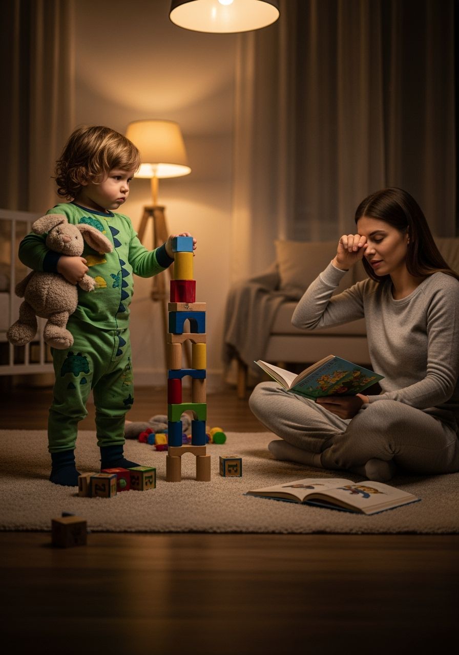 Toddler's Nighttime Battle Over Blocks in Cozy Nursery