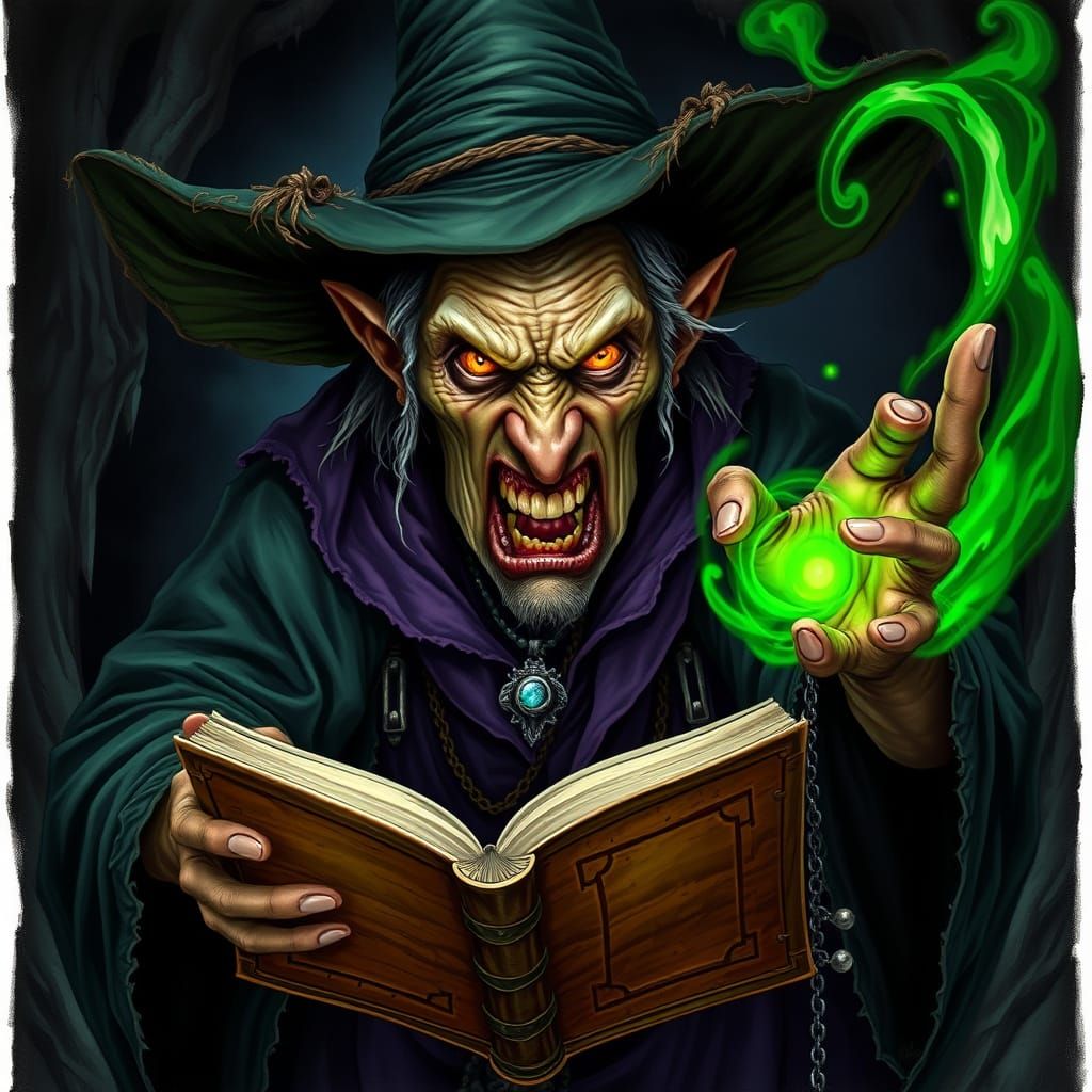 Sinister Witch Casting Powerful Green Magic from Ancient Boo...