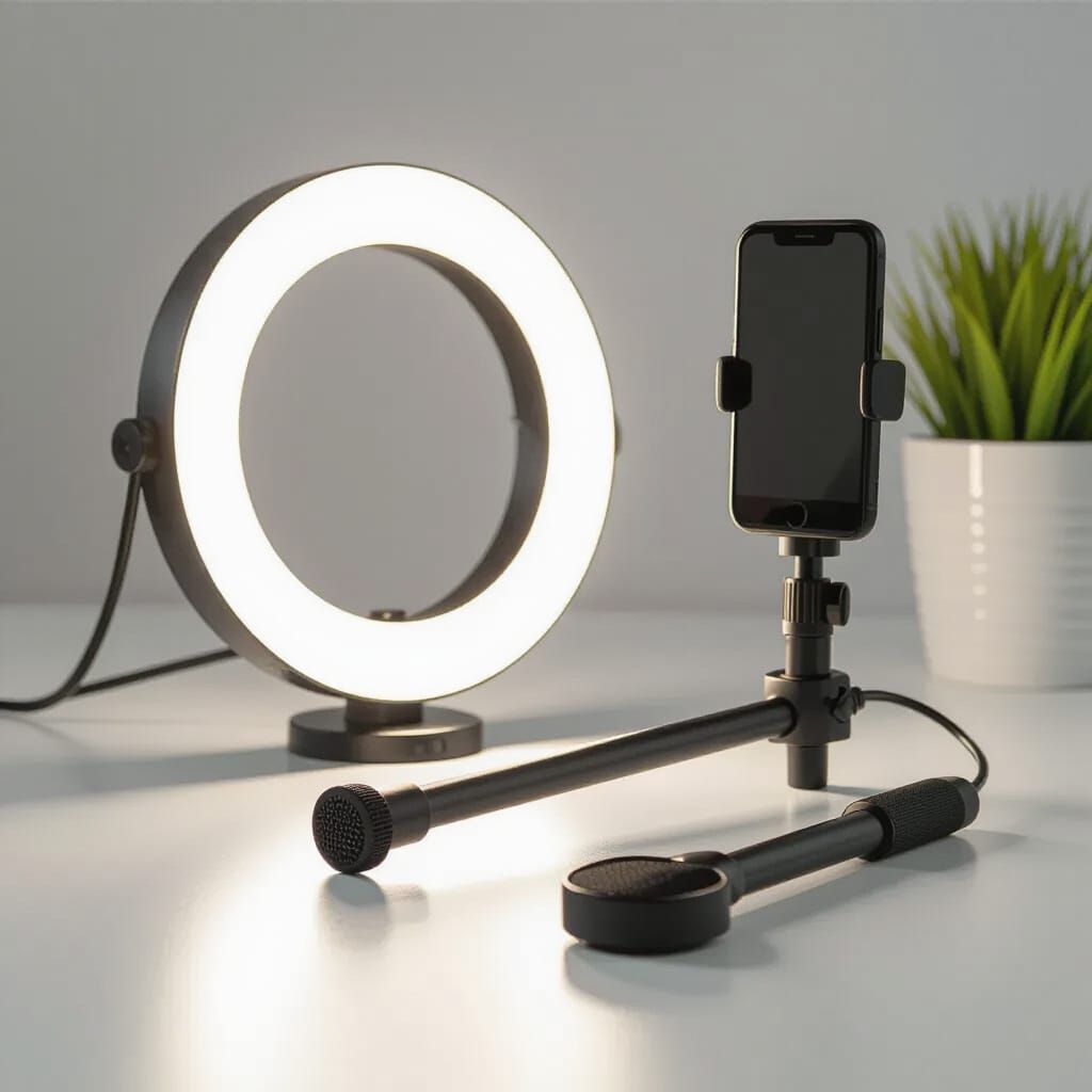 Selfie Stick and Ring Light on Modern Table