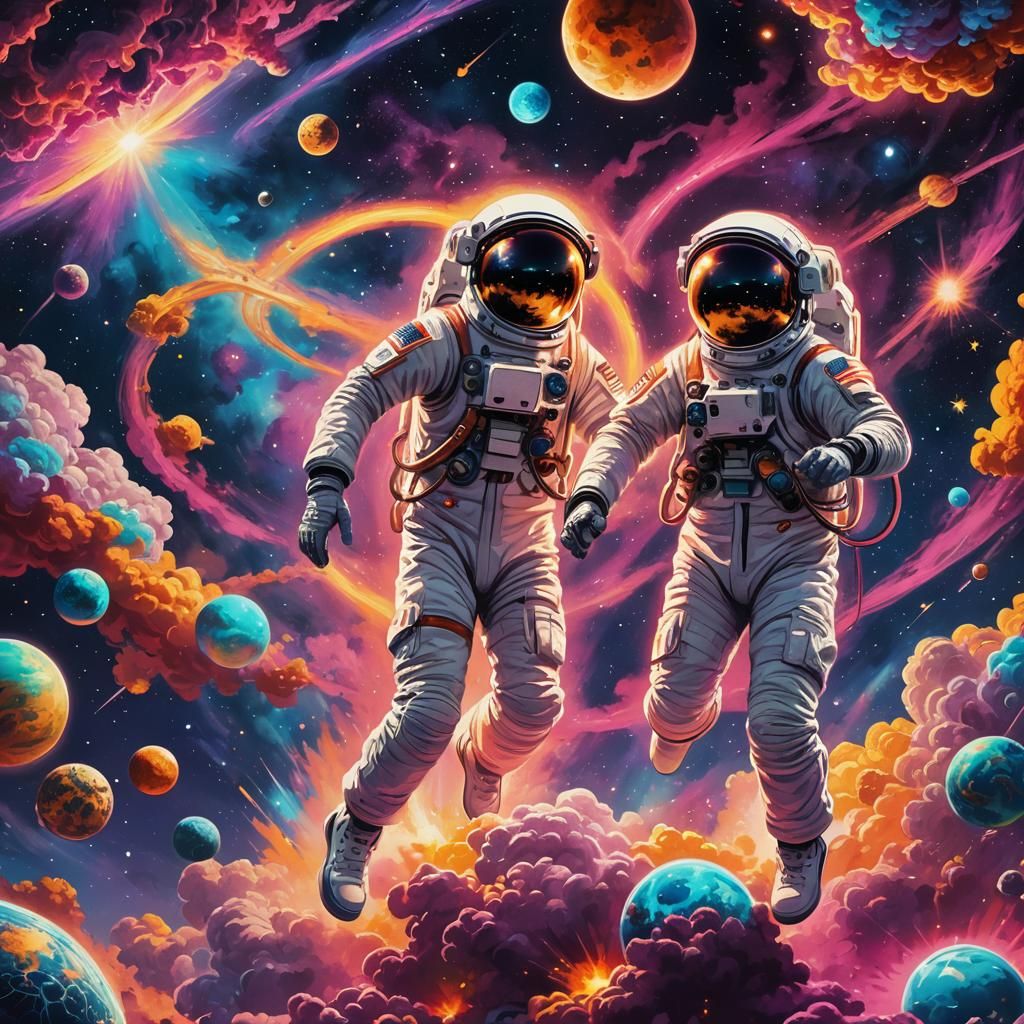 Astronauts in Cosmic Pop Art Night Sky