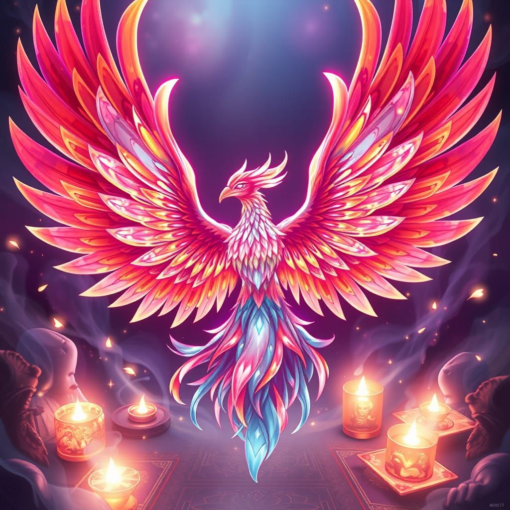 Mystical Phoenix with Tarot Cards in Anime Style