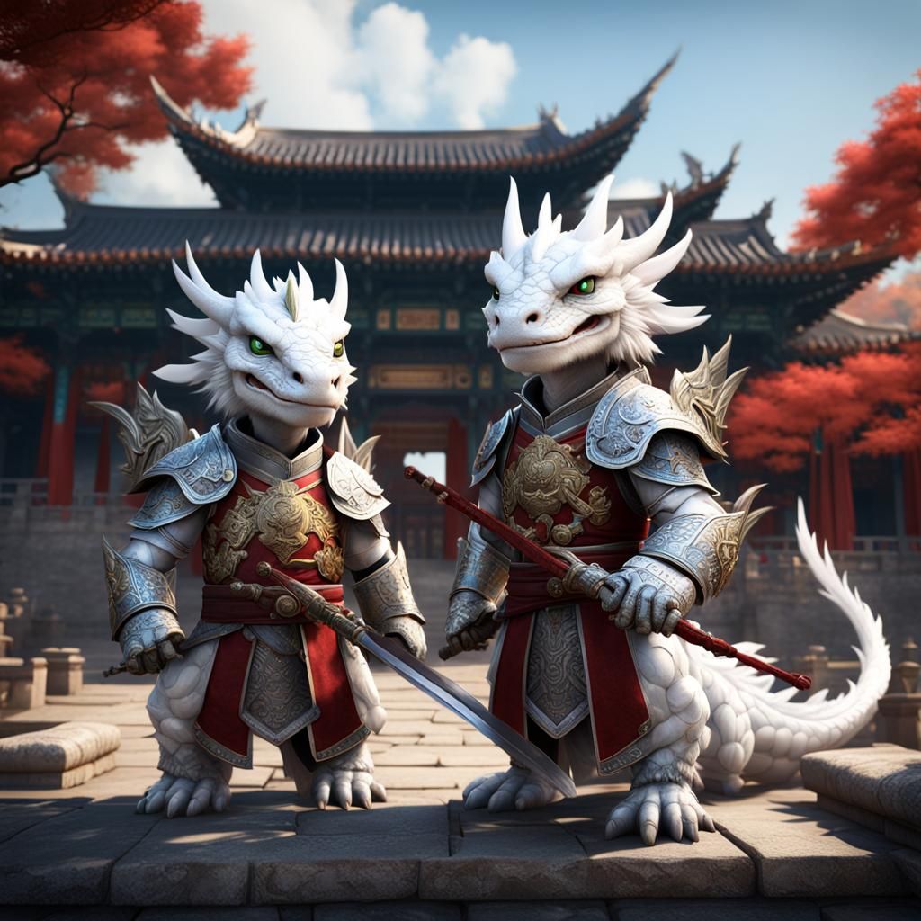 Armored Dragons Guard Chinese Palace, Digital Art