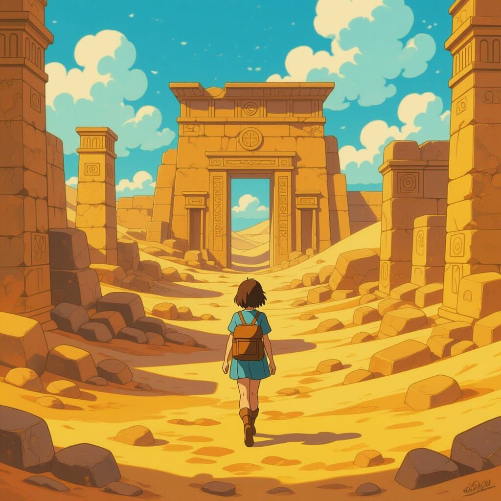 Young Traveler in Ancient Ruins: Studio Ghibli Style
