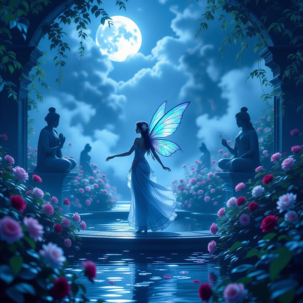 Moonlit Garden with Fairy: A Matte Painting
