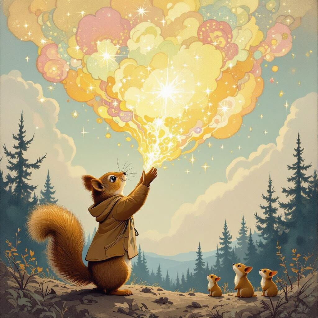 Squirrel Touches a Nebulous Cloud in Art Nouveau Style