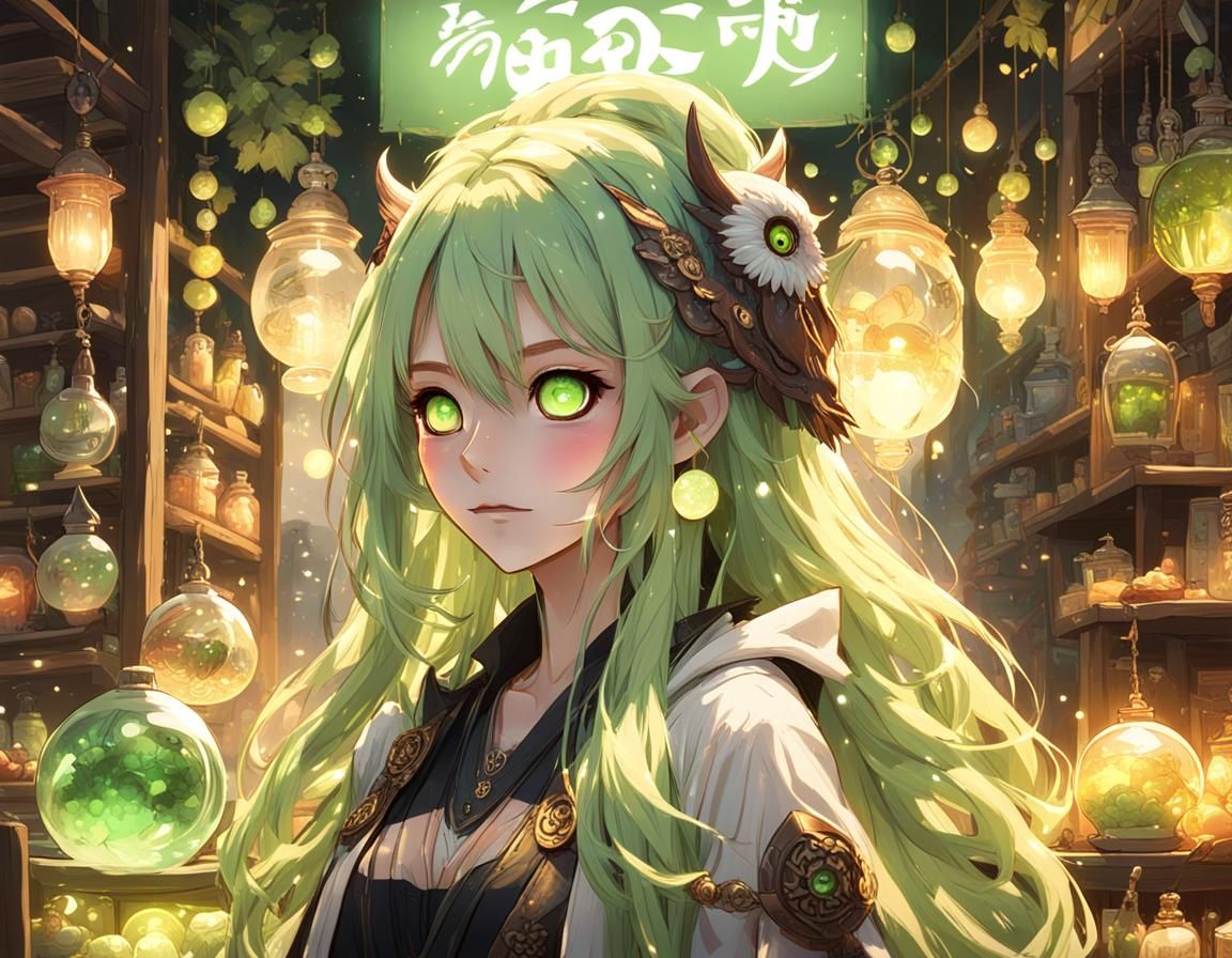 Anime Girl in Fantasy Market with Owl