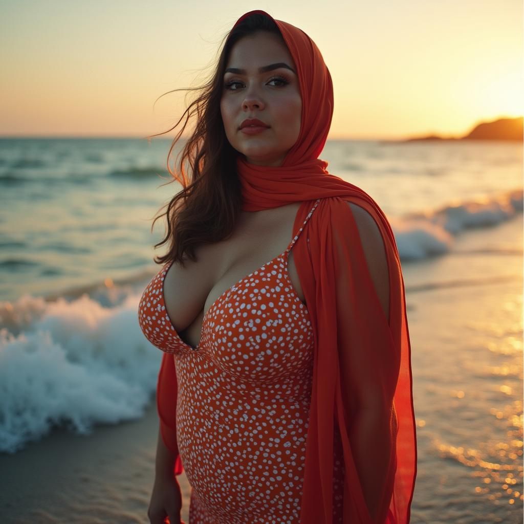 Confident Plus-Size Woman in Hijab by the Ocean