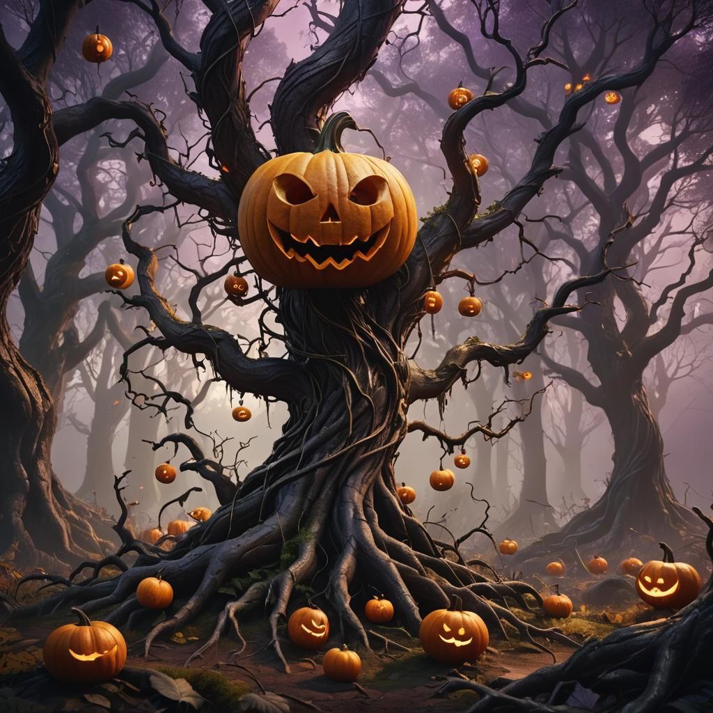 Mystical Pumpkin Tree in Dark Fantasy Style