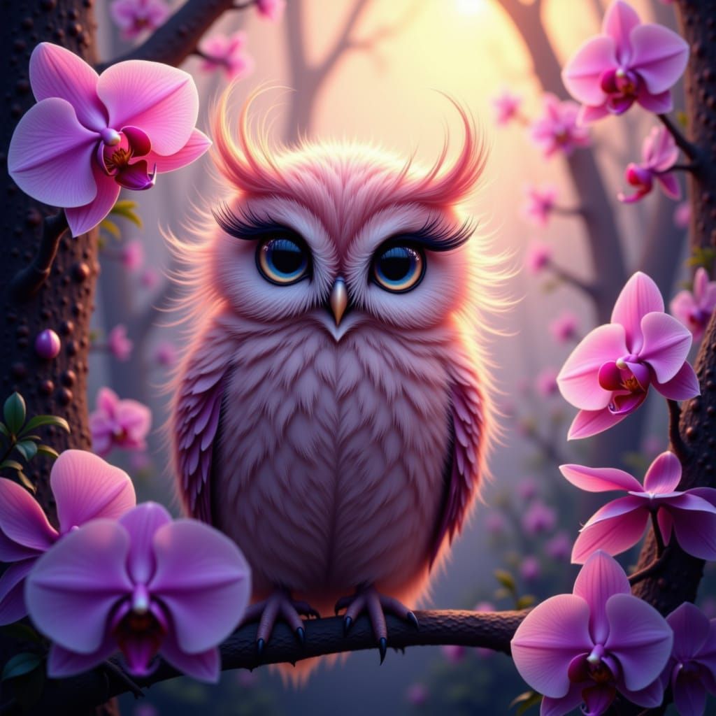 Cute Owl in Vibrant Orchids During Golden Twilight