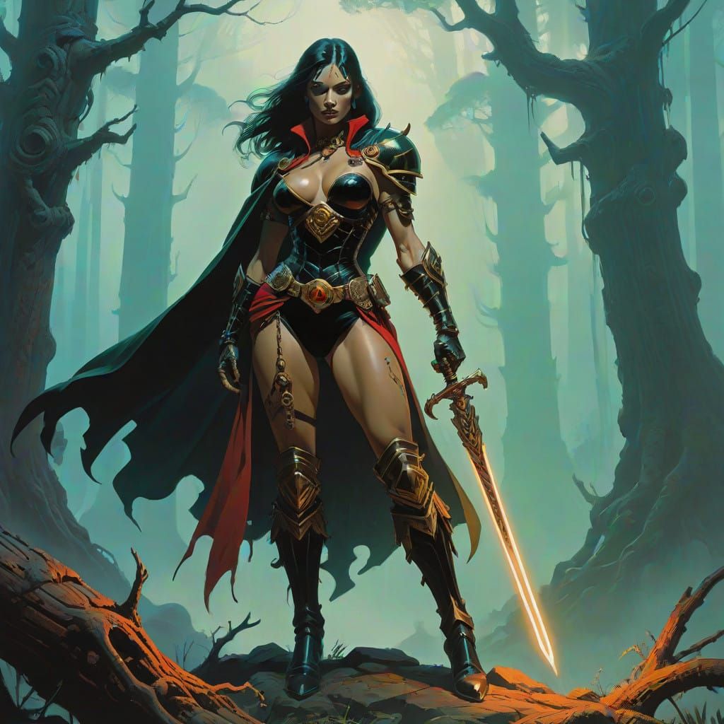 Sensual Female Warrior in Red and Black Armor