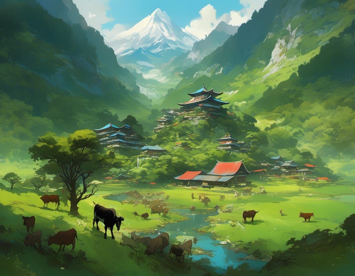 Mountainous Tengu Village with Lush Green Farms