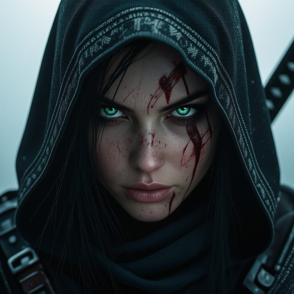 Mysterious Female Assassin with Piercing Blue-Green Eye
