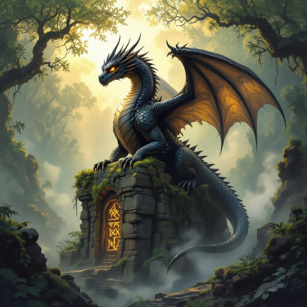 Majestic Obsidian Dragon on Ancient Ruin