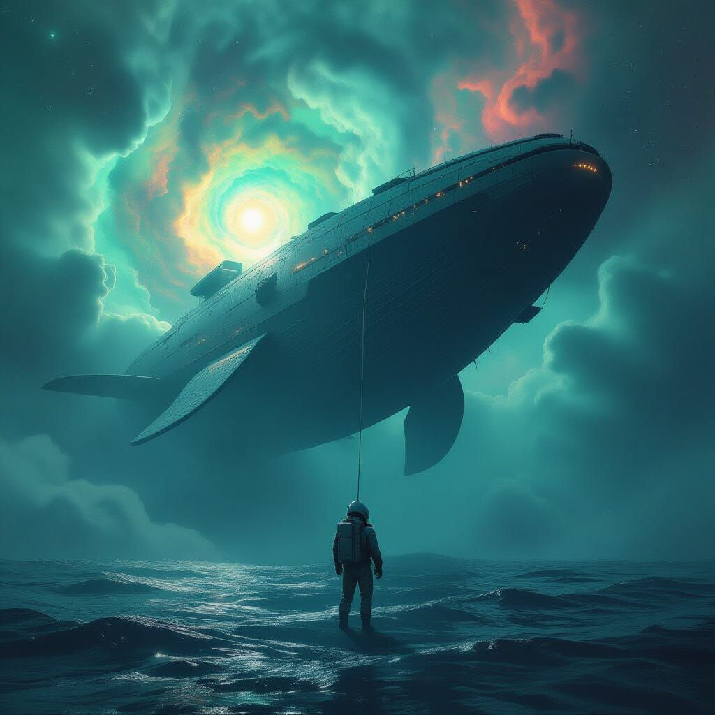 Astronaut Adrift Near Celestial Whale Spaceship