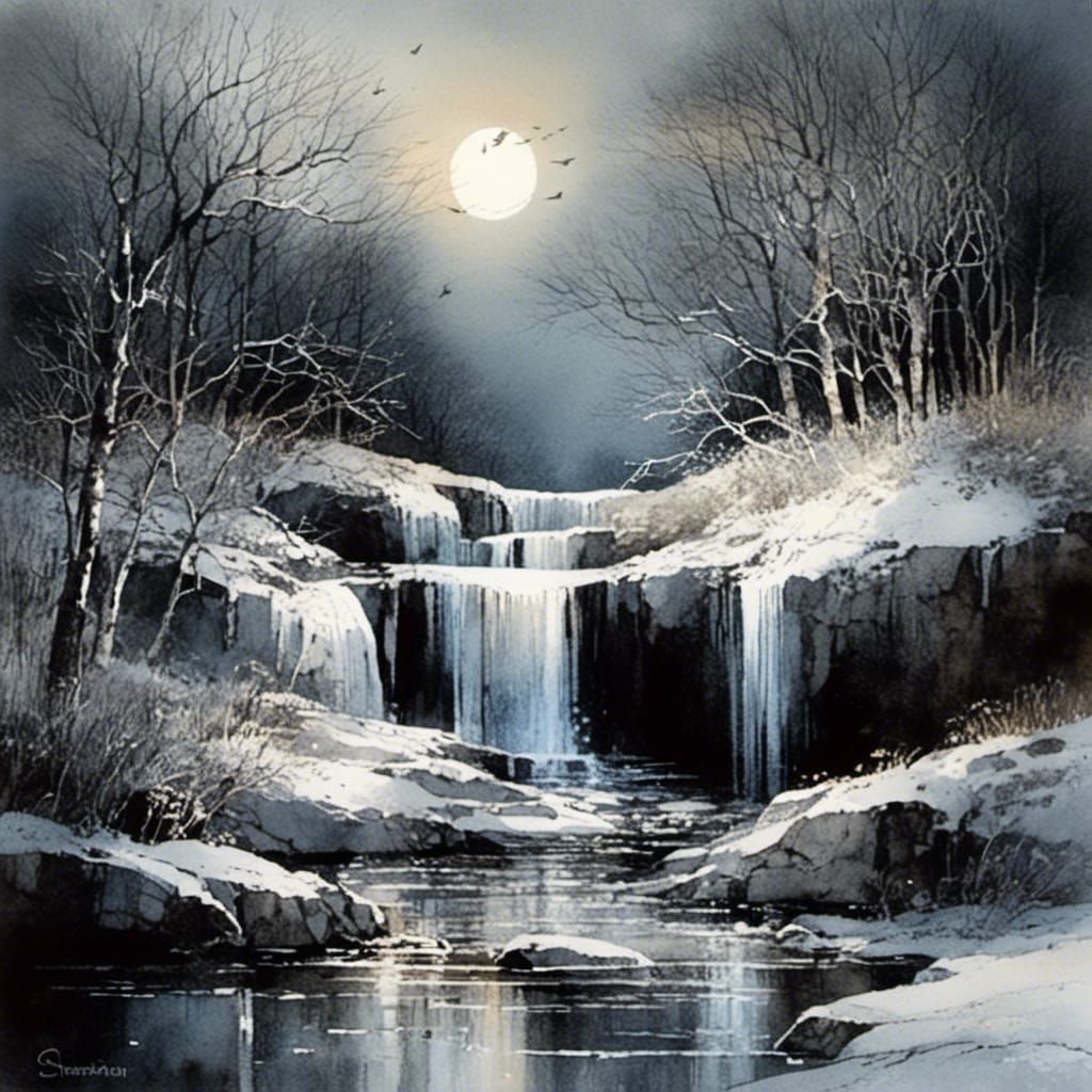 Ethereal Waterfall at Night, in Intricate Realism