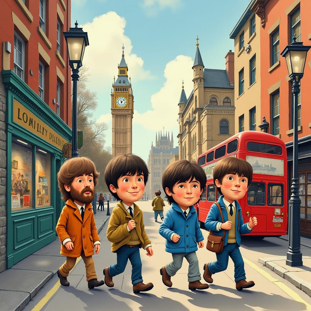 The Beatles Explore London in Children's Book Style