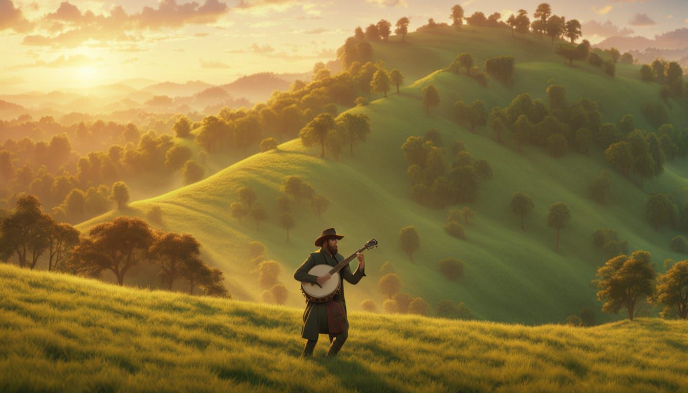 Banjo Player in Golden Mist: A Serene Folk Landscape