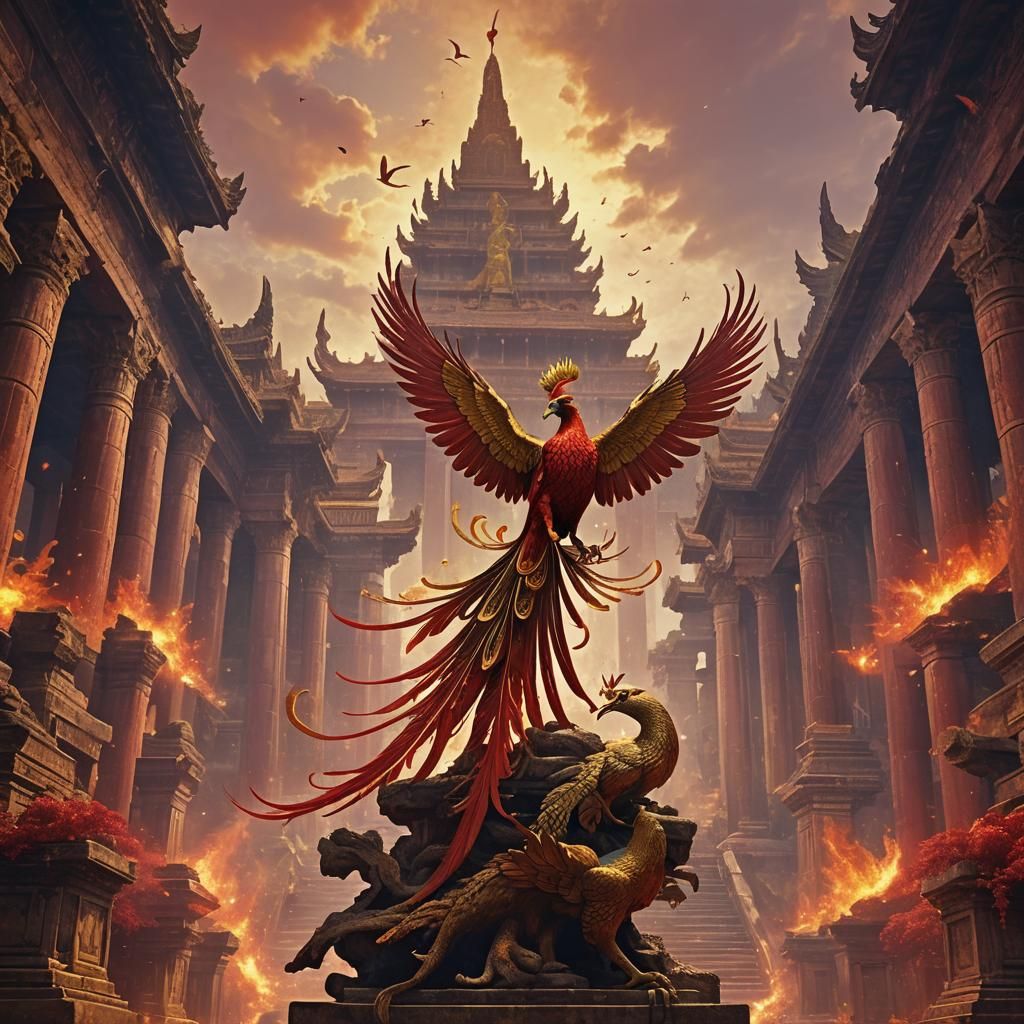 Crimson and Gold Phoenix Over Ancient Temple