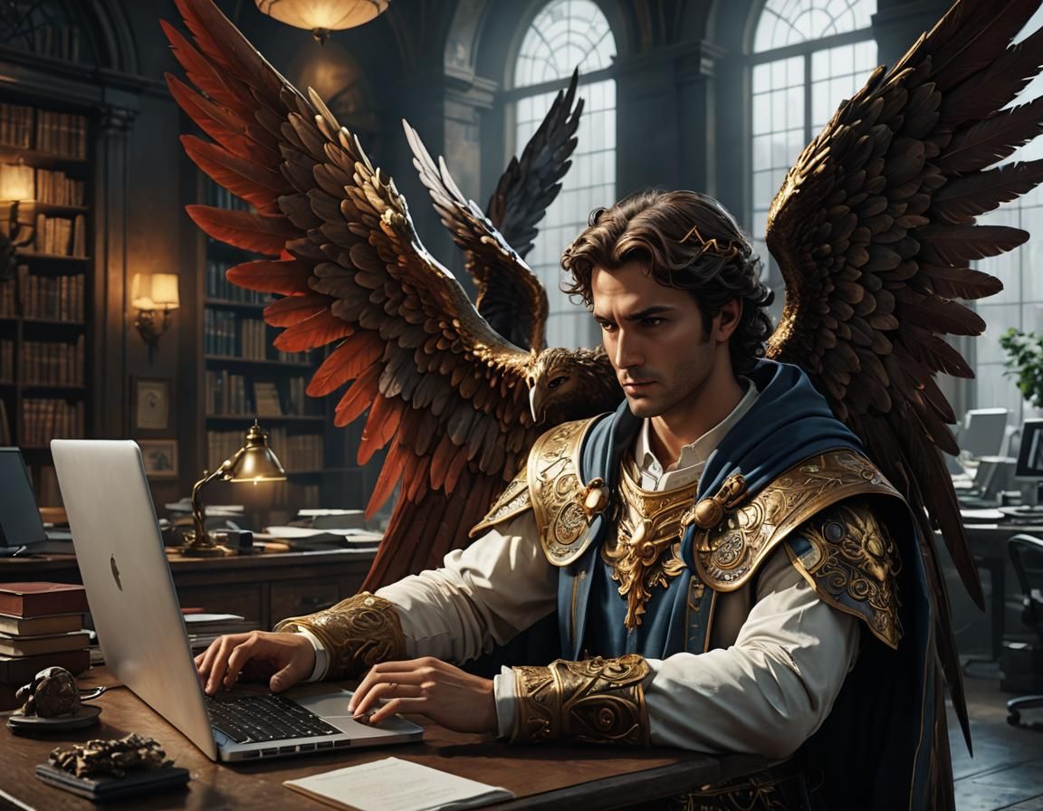 Peaceful winged angel Gabriel in the office taking care with the side of his laptop in adoration, demonic fictional char...