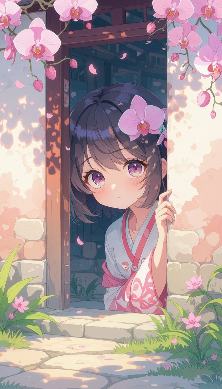 Shy Orchid Girl Peeking, Fantasy Watercolor Art