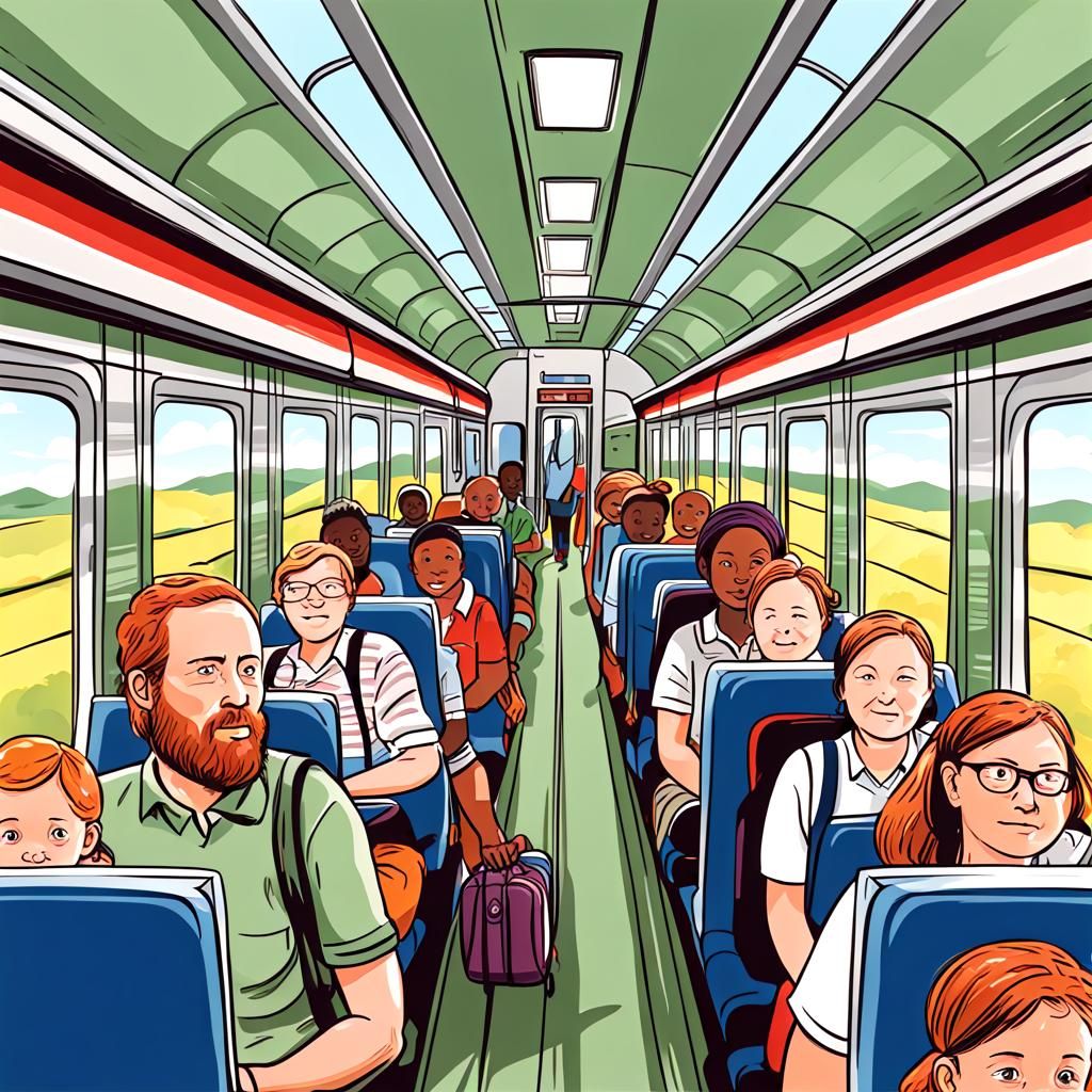 Cartoon Style: African Family Train Trip Across Europe
