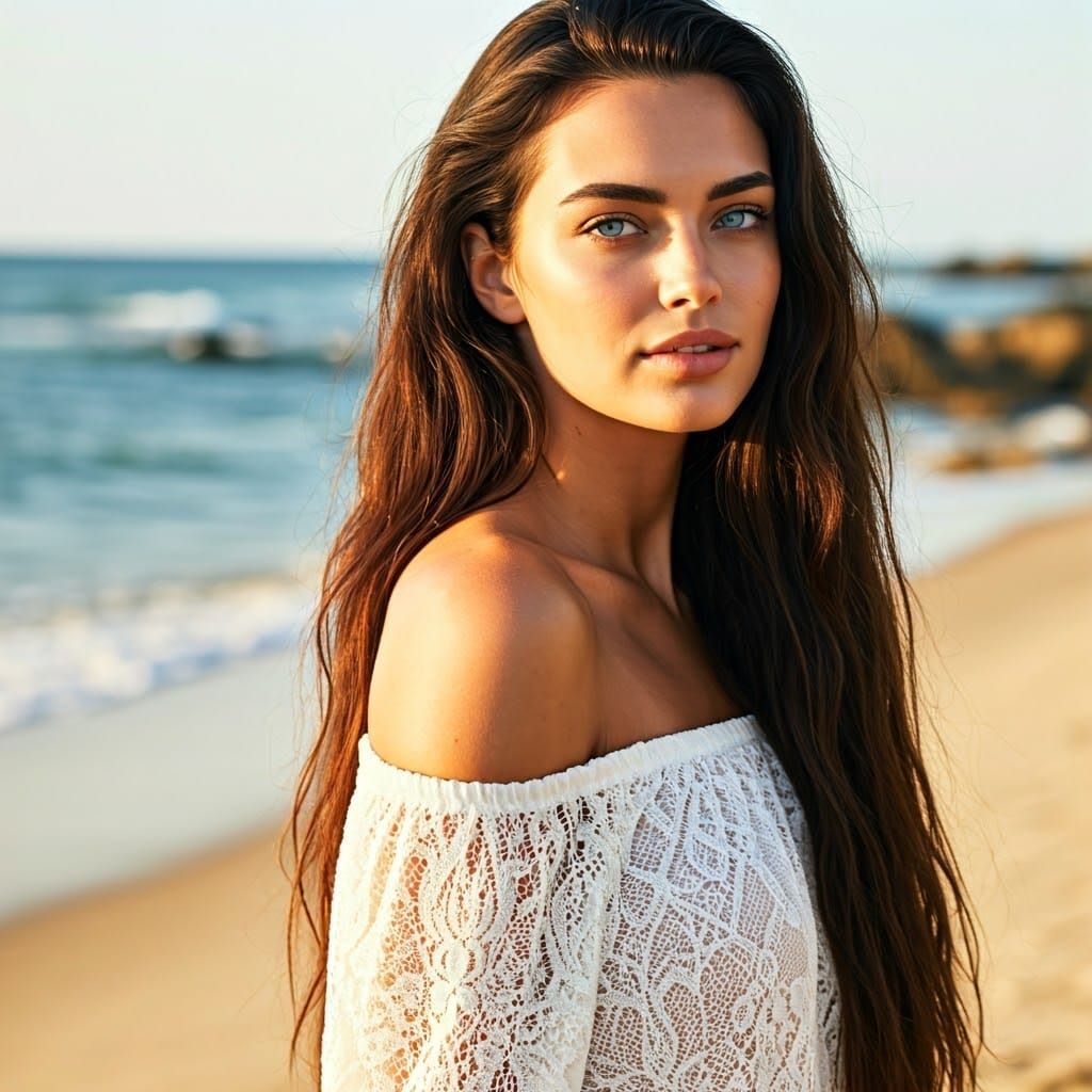 Radiant Woman on Serene Beach