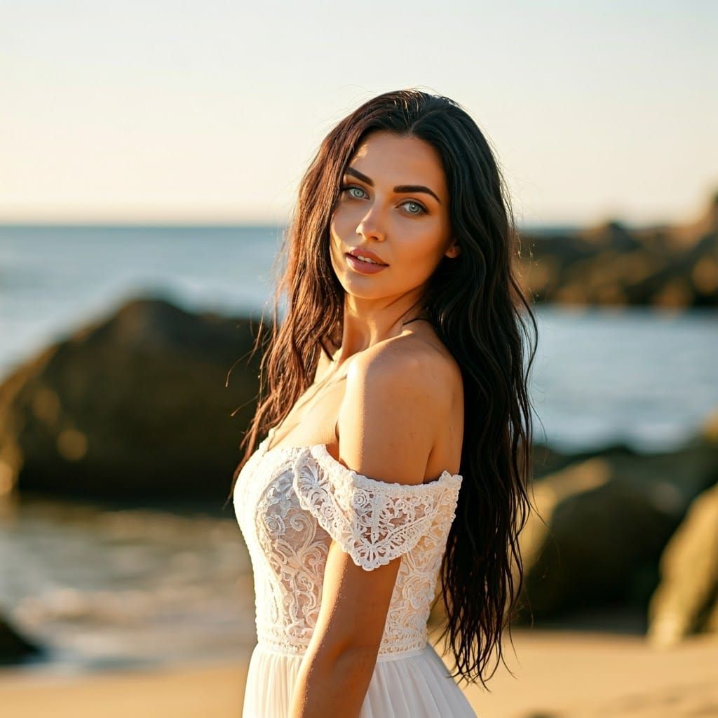 Elegant Woman on Beach in Pre-Raphaelite Style