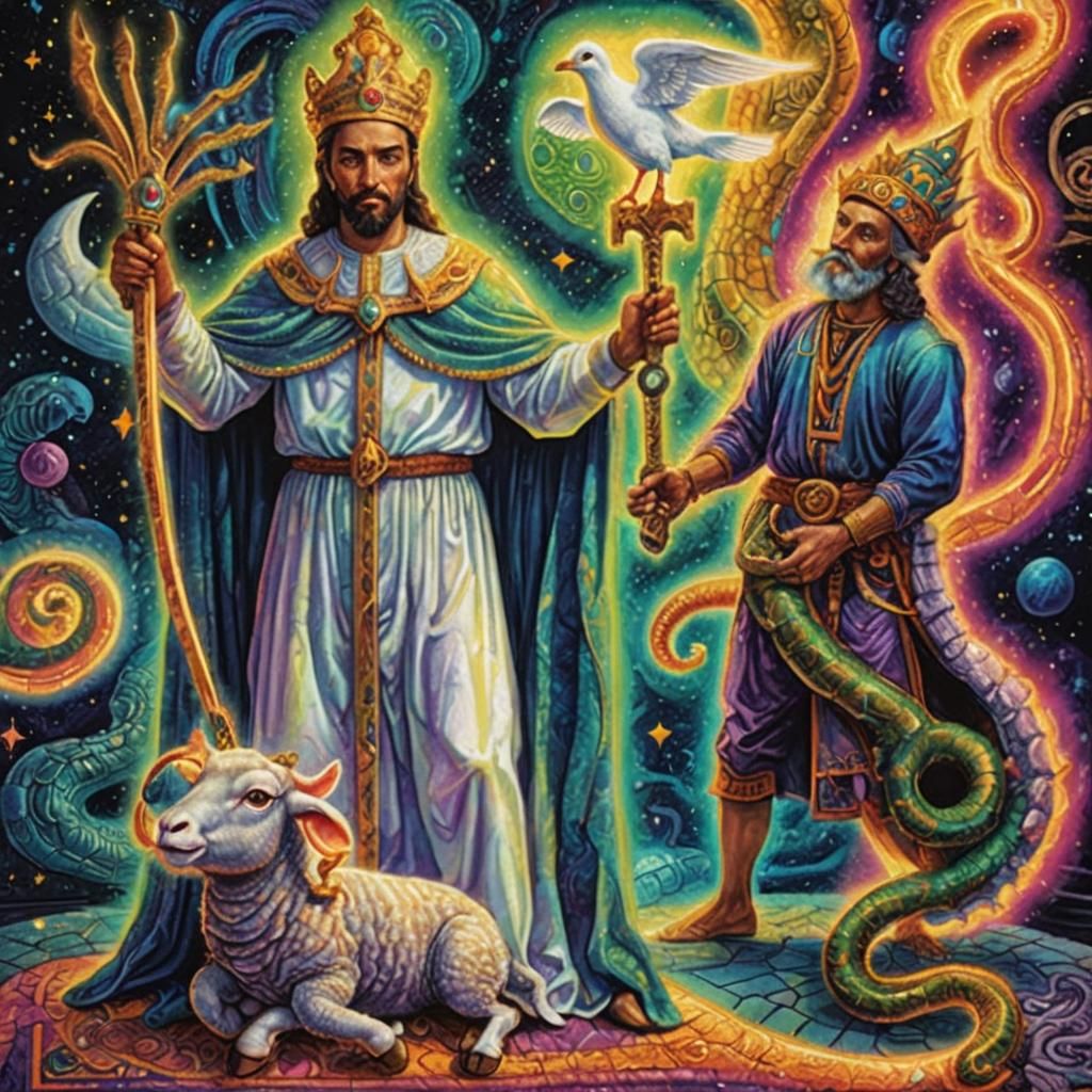 Cosmic Vision: Man, Dove, and Lamb in Surreal Art