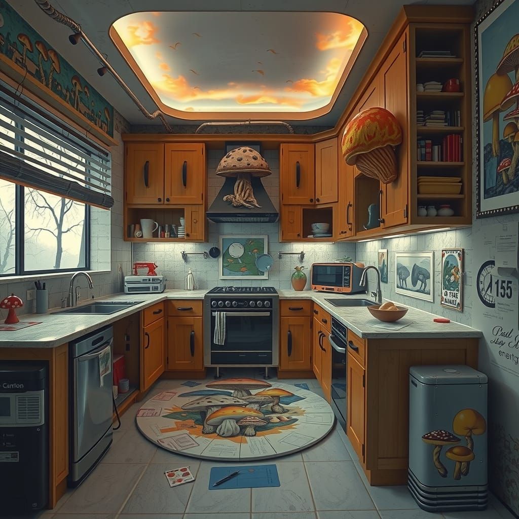 Surrealist Masterpiece: Whimsical Mushroom Haven