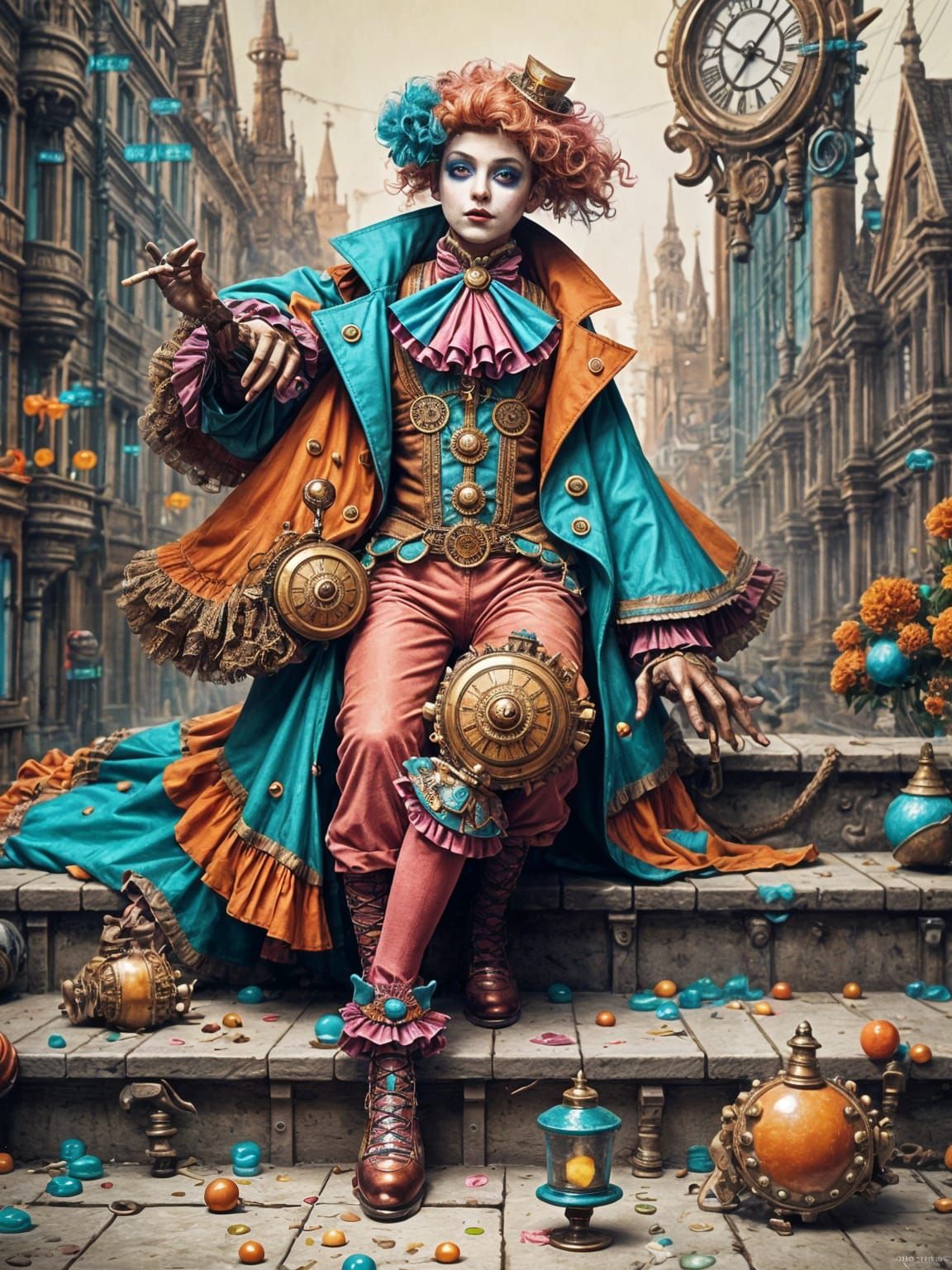 Steampunk Clown in Vivid Impressionistic Splash Art