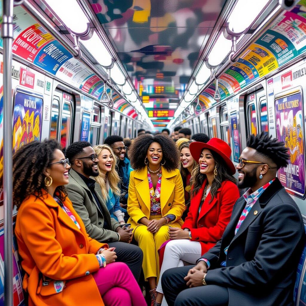 Happy New York Subway Scene with Diverse, Fashionable People