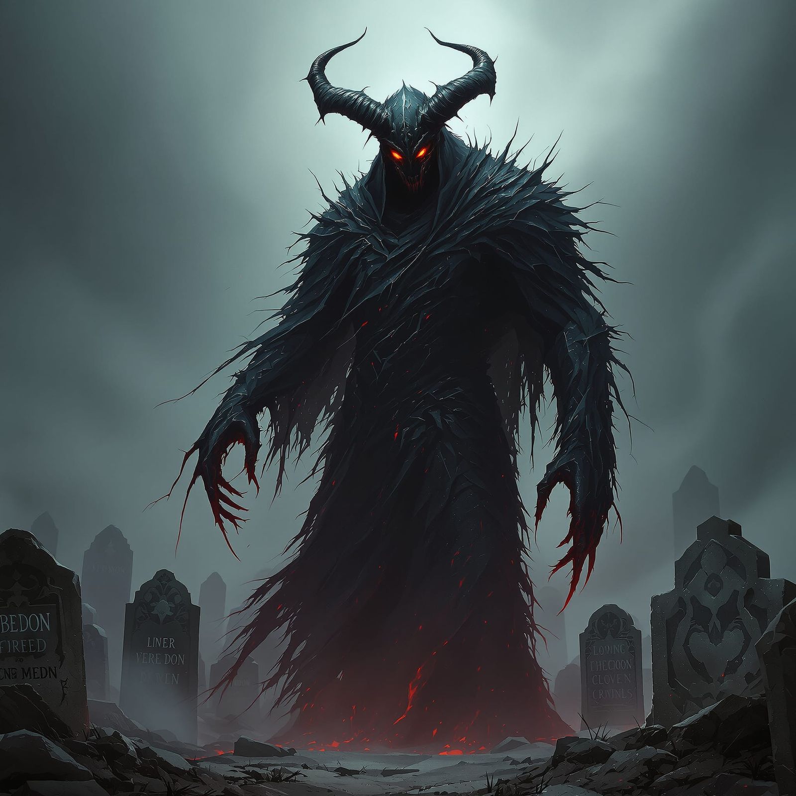 Vendetta Demon in Misty Graveyard, Beksiński & Giger Style