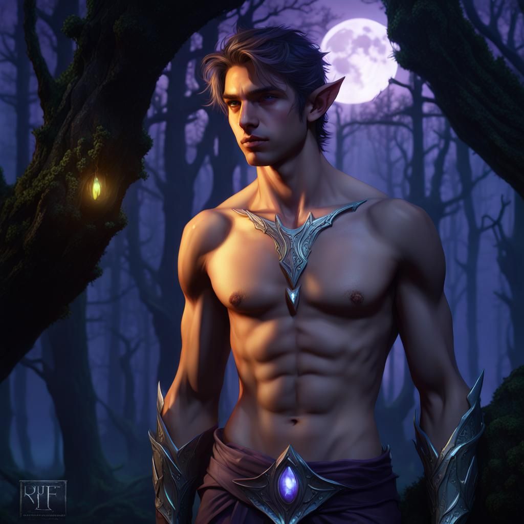 Elf in Moonlit Forest: Dark Fantasy Art
