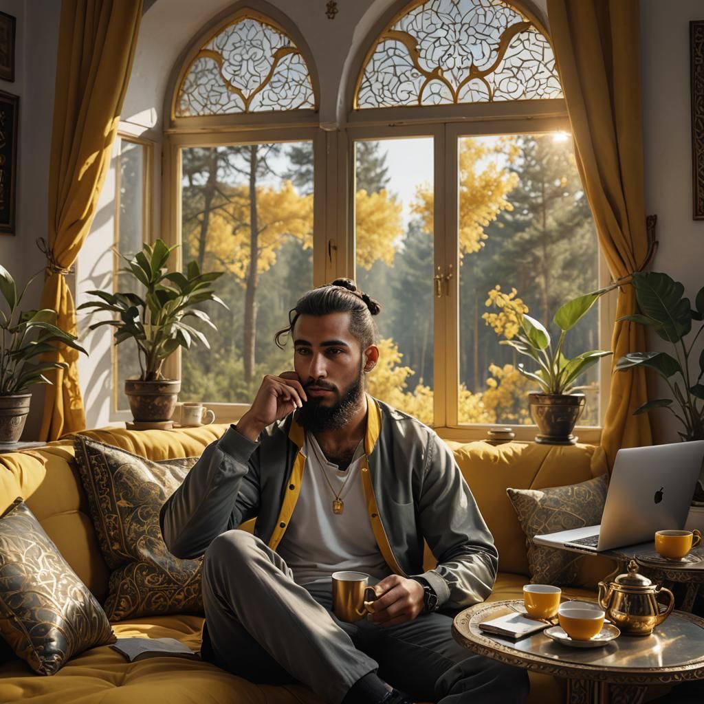 Cozy Moroccan Man Smoking: Realistic Digital Art