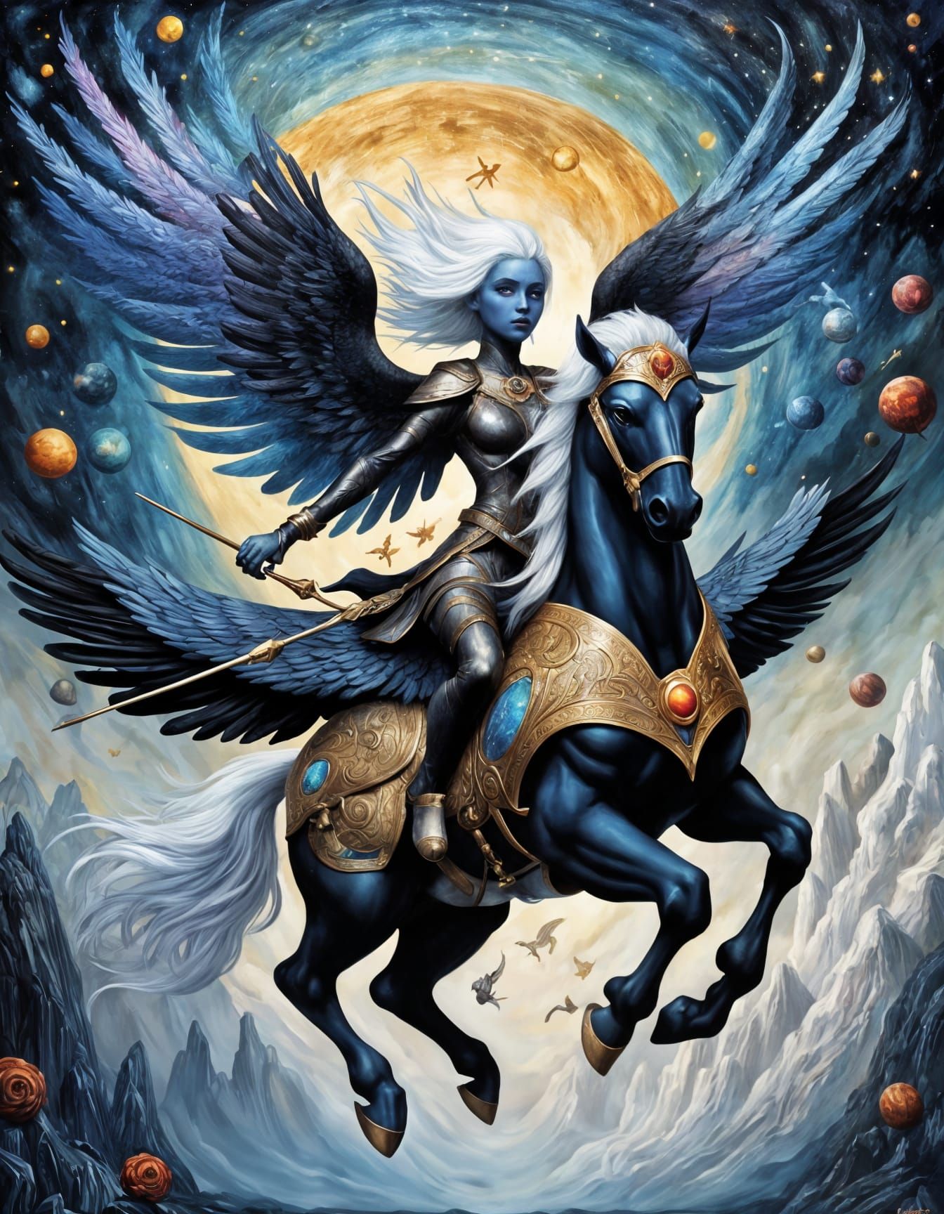 🟣✨🌙 Drow Valkyrie rides magical Pegasus, holographic wilderness, impasto, visible brush strokes, Benjamin Lacombe, Joa...