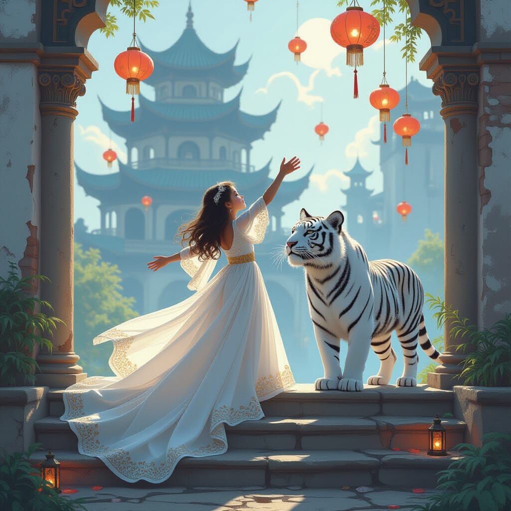 Ethereal Girl with Tiger at Palace